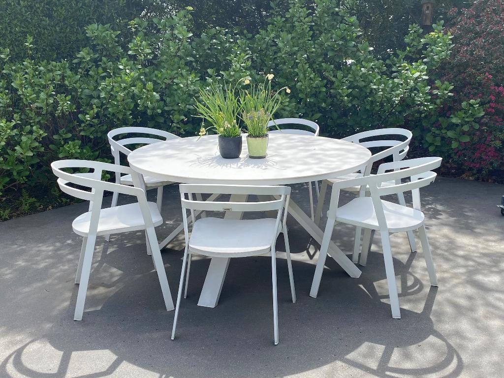 Tuinset ronde tafel en 6 stoelen wit, Chaise, Salons de jardin, Enlèvement, Utilisé