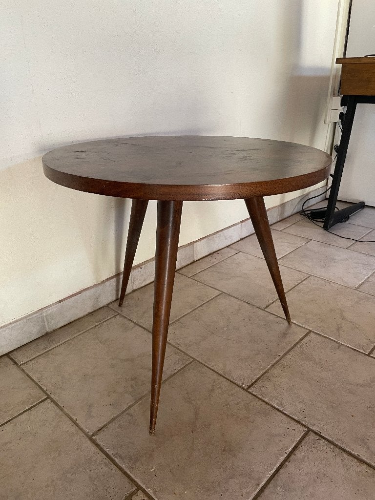 Vintage bijzettafeltje | bruin hout | 3 poten, Huis en Inrichting, Gebruikt, 55 tot 75 cm, Hout, Ophalen