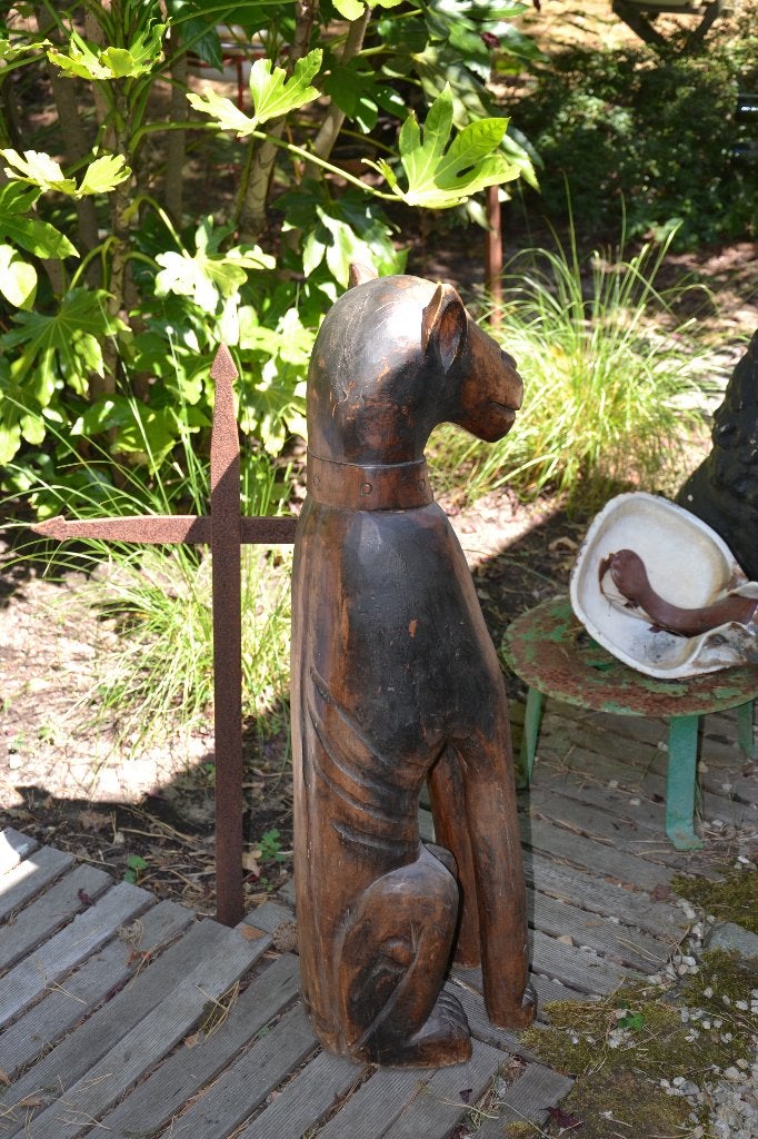 Grande statue de chat en bois massif, Mammifère, Statue, Bois, Brun