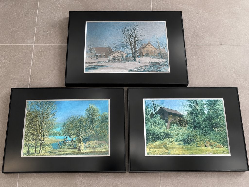 Set van 3 bijzondere schilderijtjes – metallic 3D effect, Landschap, Ophalen of Verzenden, Overige technieken, Kunststof