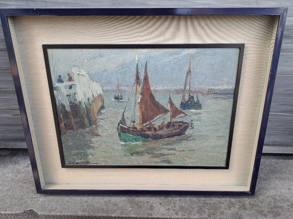 huile sur panneau marine signe jef dutilleux, Antiquités & Art, Enlèvement ou Envoi, Toile