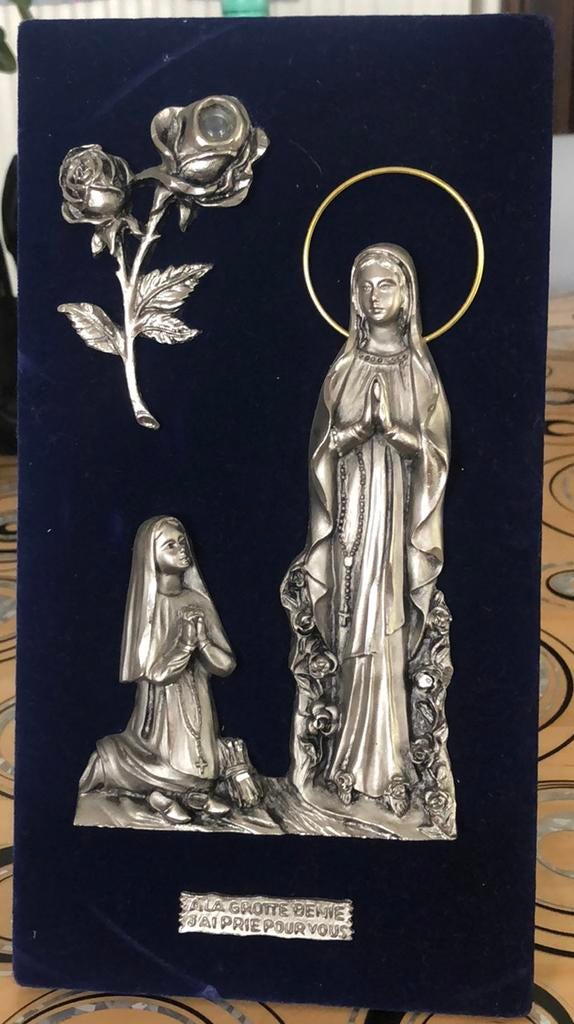 VINTAGE ICONA RELIGIOSA MADONNA PELTRO GROTTE BENIE lourdes, Enlèvement, Comme neuf
