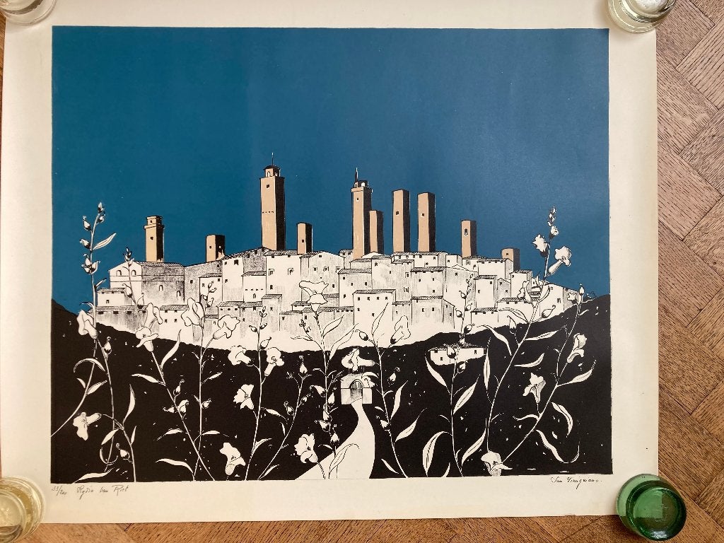 Ets Lydia Van Riet  „San Gimignano”, Antiek en Kunst, Ets, Ophalen of Verzenden, 61 cm, Genummerd