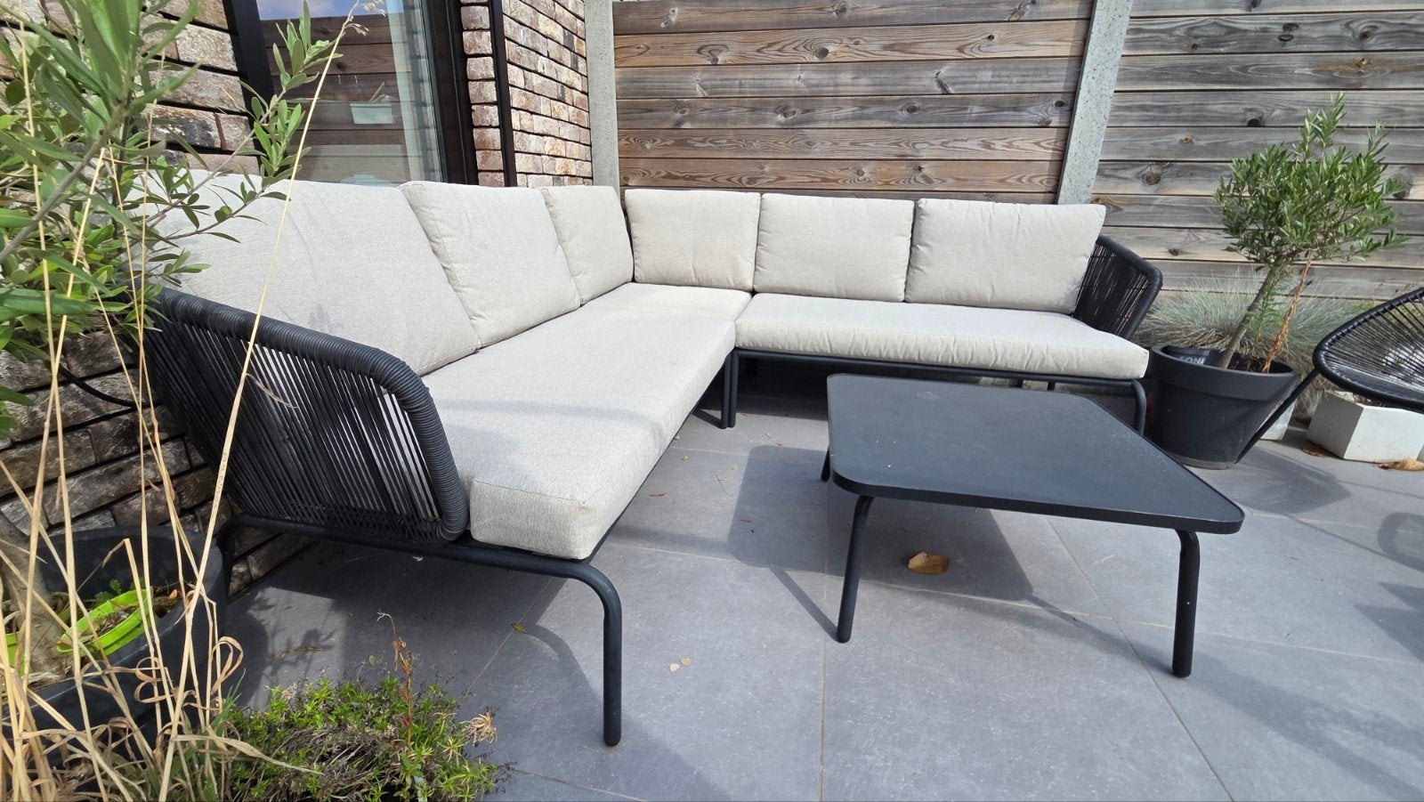 Loungeset 5 pers hoek + tafel metaal antraciet, Ophalen, 5 zitplaatsen, Aluminium, Zo goed als nieuw