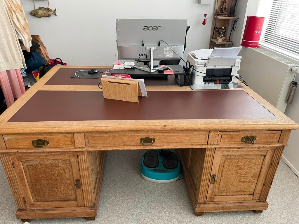 Authentiek vrijstaand massief eiken partnersbureau, Ophalen, Gebruikt, 175 cm, Hout