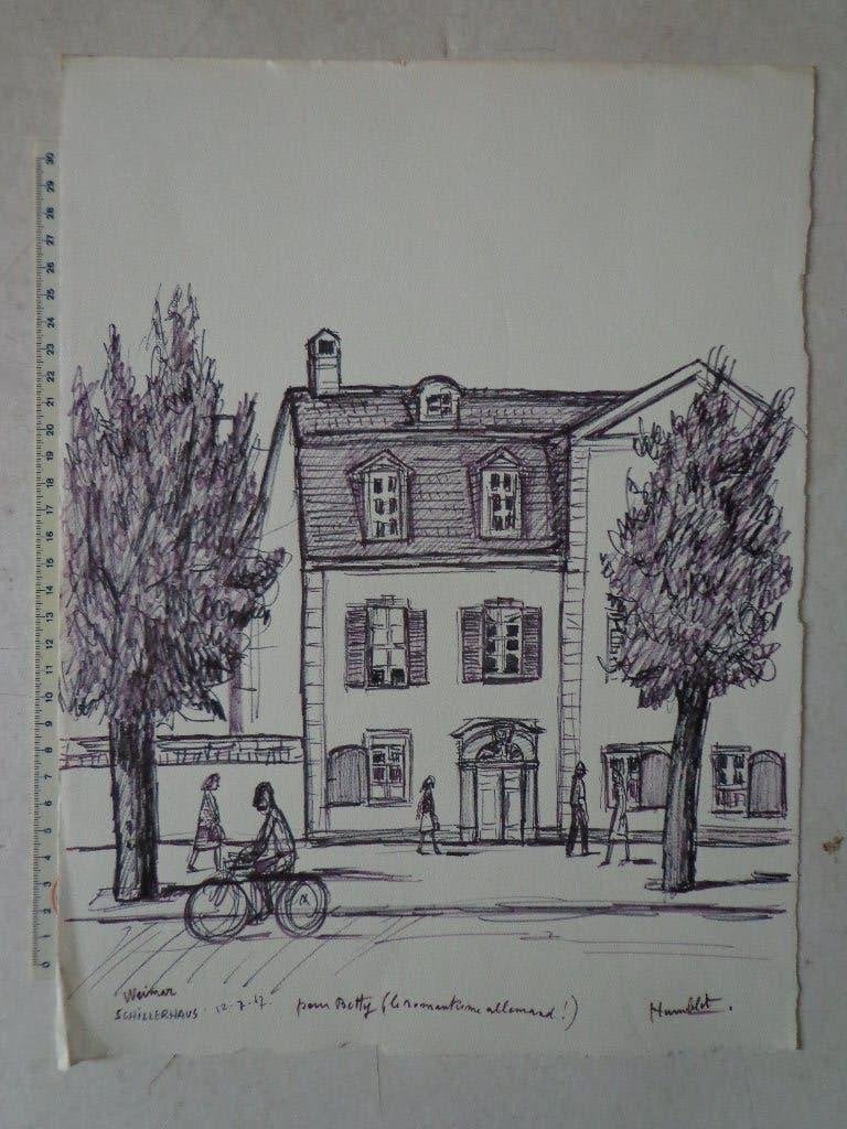 originele tekening Theo Humblet "Weimar Schillerhaus" 1967, Antiquités & Art, Art | Dessins & Photographie, Dessin, Signé, Enlèvement ou Envoi