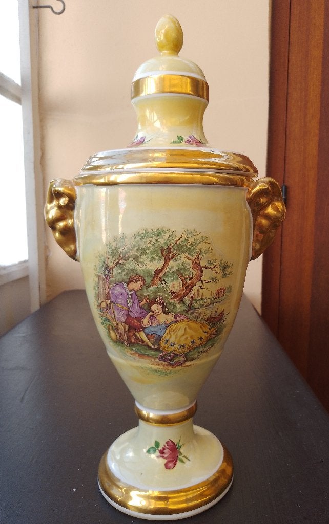 VINTAGE SIERLIJKE DECORATIEVE VAAS/URN MET DEKSEL, Ophalen, Geel, Met deksel, Zo goed als nieuw
