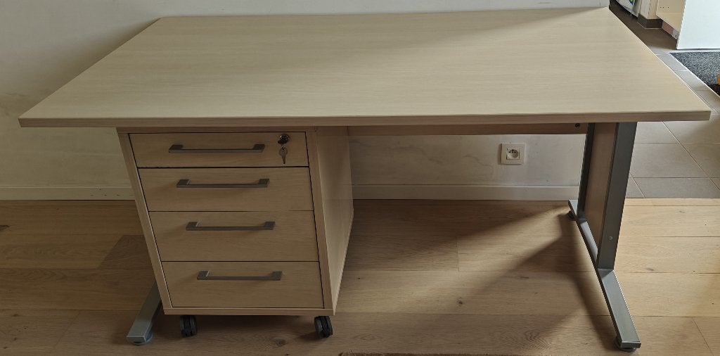 Bureau + ladeblok wieltjes in licht hout laminaat en metaal, Bureau d'écolier, 150 cm, Enlèvement, Utilisé