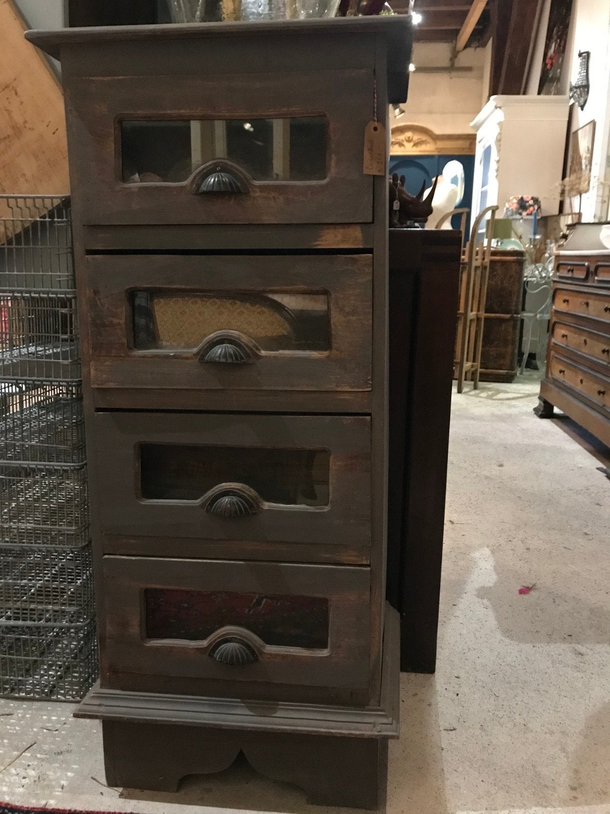 Landelijke keukenkast, ladenkast hout grijs met glas, kast., Minder dan 50 cm, 100 tot 150 cm, Ophalen of Verzenden, Zo goed als nieuw