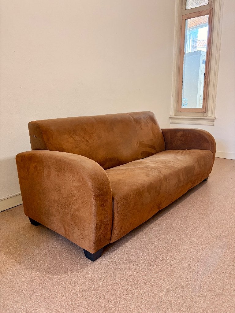 Vintage bruine loungebank – 3-zit design zetel, Huis en Inrichting, Ophalen, Gebruikt, Rechte bank, Stof