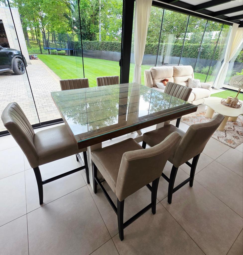 Unieke Houten Bartafel (140x120x90cm) + 6 Barstoelen, Ophalen, Glas