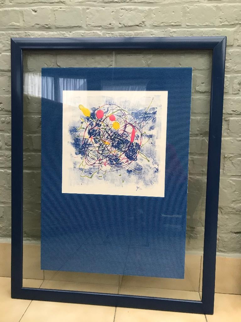 schilderij ets blauwtinten, ingekaderd, Ophalen, Flora en Fauna, Ingelijst, 1950 - 1999