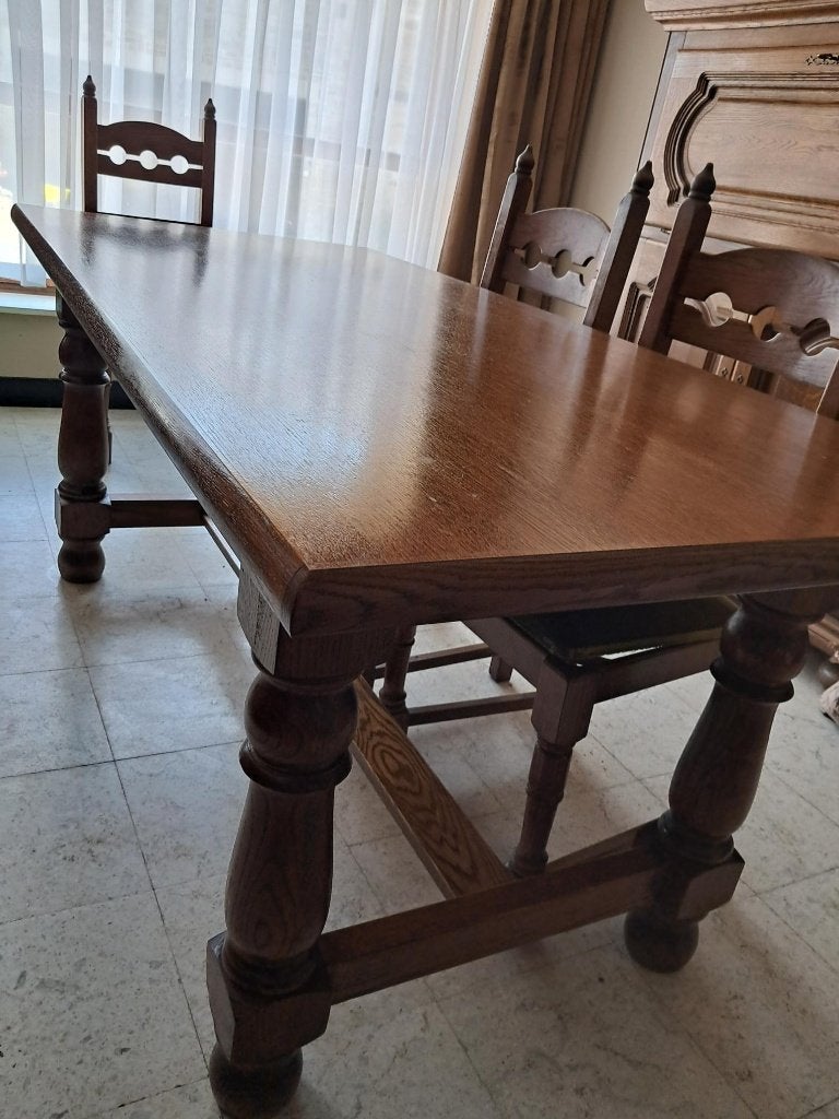 Salle à manger complète bois teinte chêne moyen, Enlèvement, Comme neuf, Ancien, 4 à 6 chaises