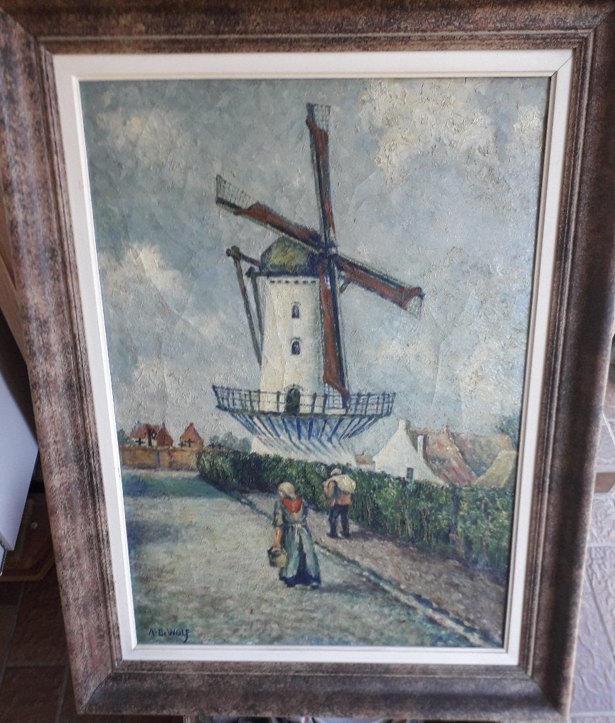 Kapellemolen in Hamme, Peinture à l'huile, Enlèvement, Paysage urbain / rural, Signé