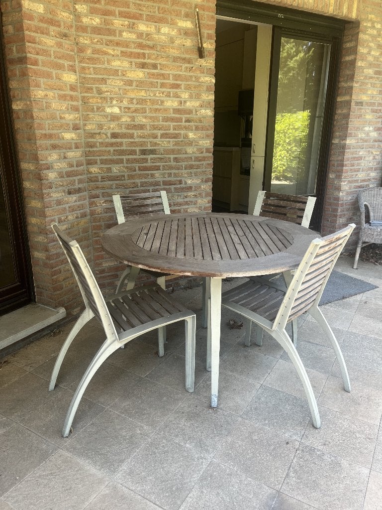 Ronde terrastafel in teak met 4 bijhorende stoelen, Ophalen, Gebruikt, Rond, Hout