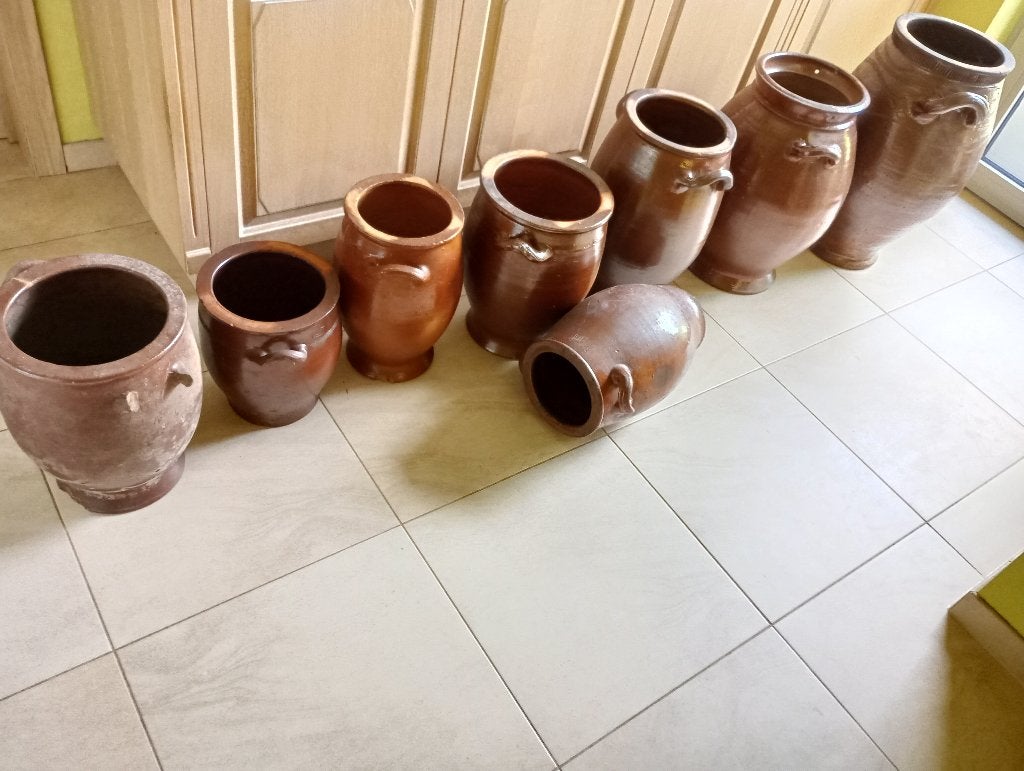 Verzameling grespot pekelpot zuurkoolpot aardewerken kruik, Ophalen, Gebruikt, Overige kleuren, Aardewerk of Porselein