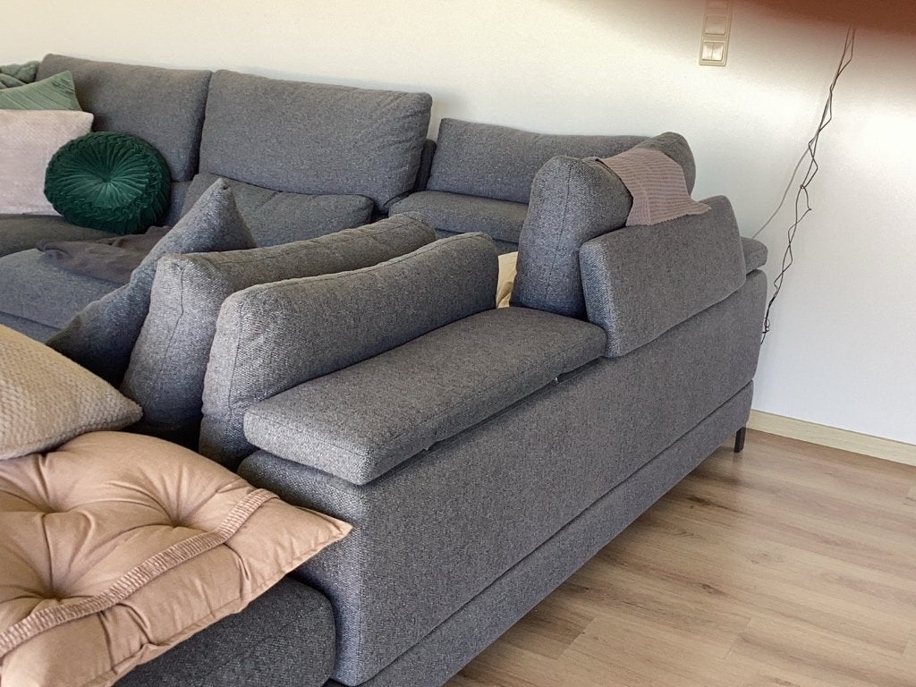 Magnifique salon d’angle bleu-gris, Ophalen, Hoekbank, Zo goed als nieuw, 200 tot 250 cm