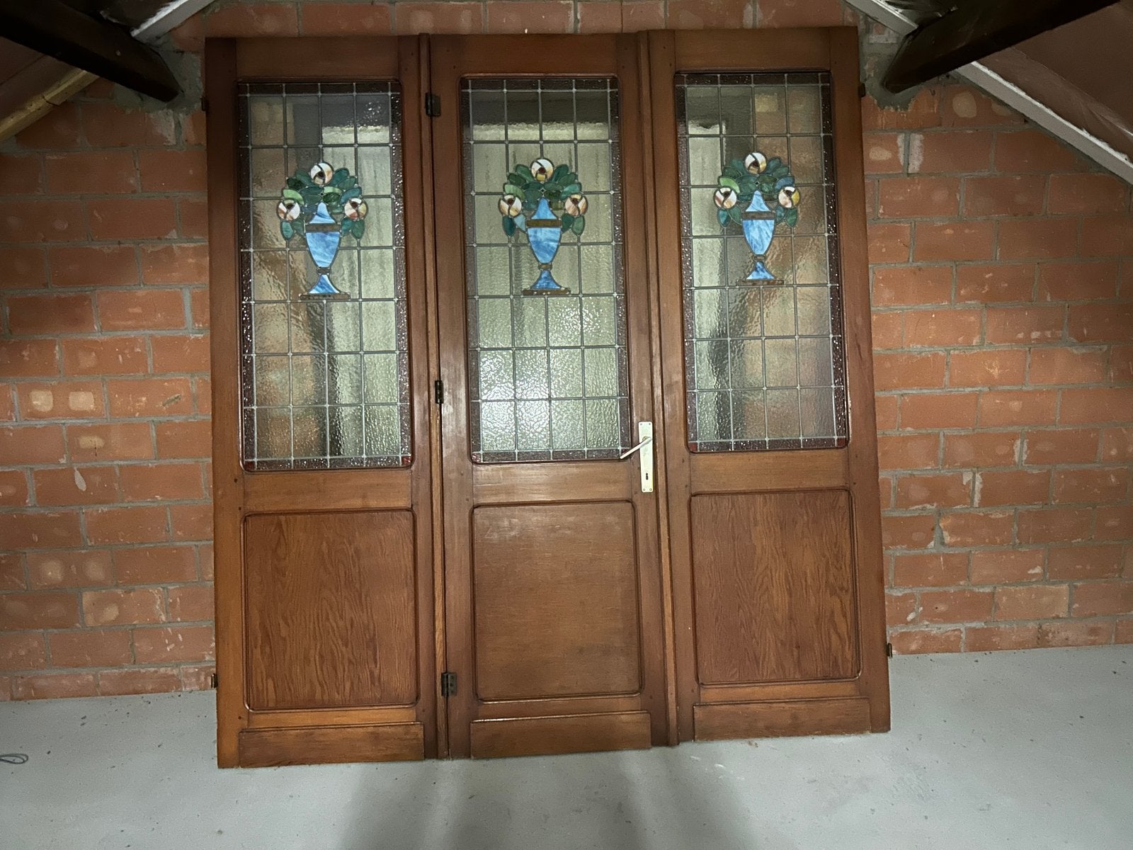 Mooie antieke 3-delige deur met glas-in-lood (Bloemmotief), Bricolage & Construction, Vitrail, 160 cm ou plus, 160 cm ou plus