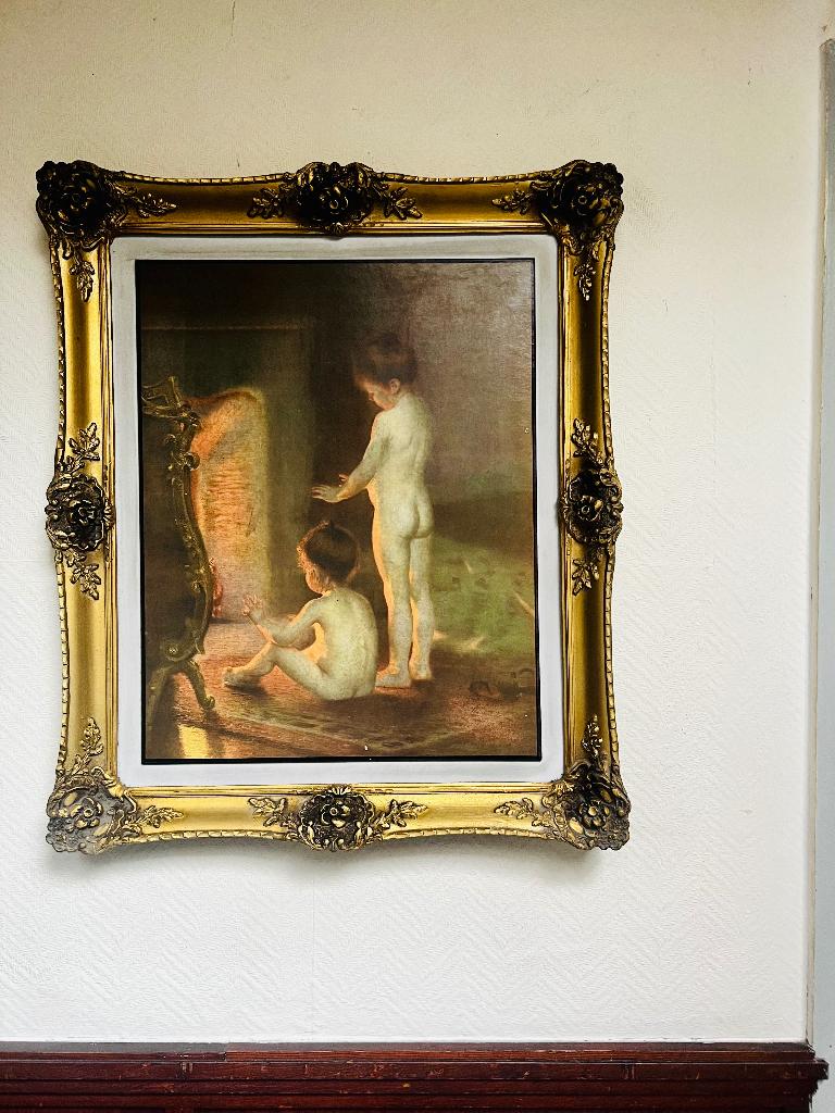 Barok kader met kunstprint – massieve houten lijst - verguld, Ophalen, Gebruikt, 50 tot 75 cm, 50 tot 75 cm