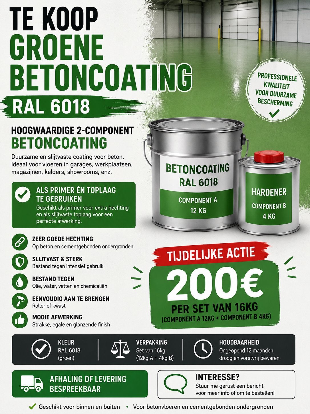 Groene betoncoating RAL 6018 – ACTIE €200 per 16 kg, Bricolage & Construction, Peinture, Vernis & Laque, Enlèvement, Neuf, Vert