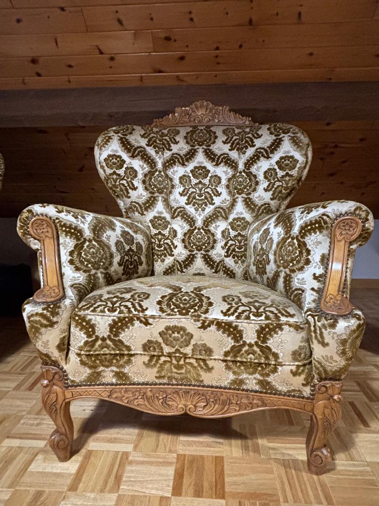 Sierlijke vintage fauteuil jaren 60/70 met gedecoreerd stof, Ophalen, Hout, Gebruikt, Minder dan 75 cm