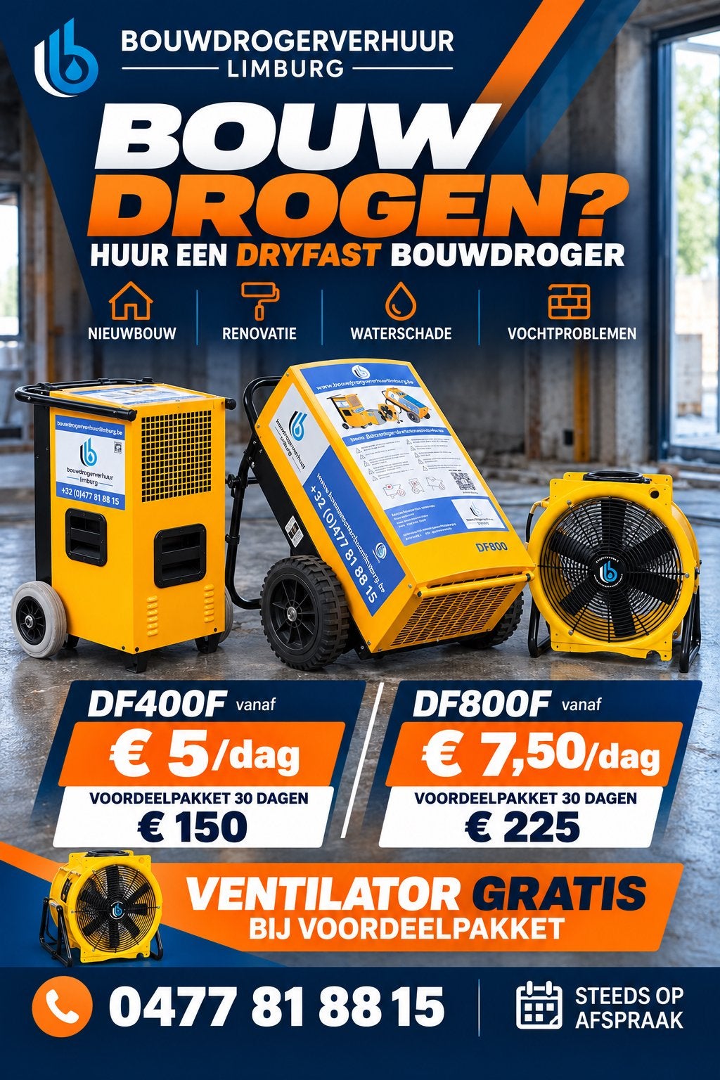Professionele bouwdroger te huur goedkoopste prijzen, Doe-het-zelf en Bouw, Ophalen, Zo goed als nieuw