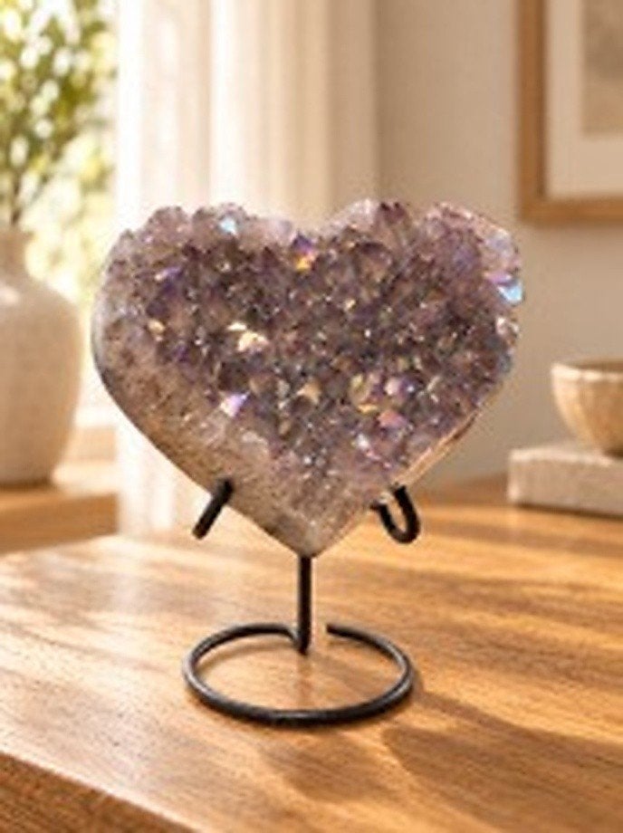 Coeur Aura en améthyste sur socle en métal - env. 10 cm, Enlèvement ou Envoi, Minéral
