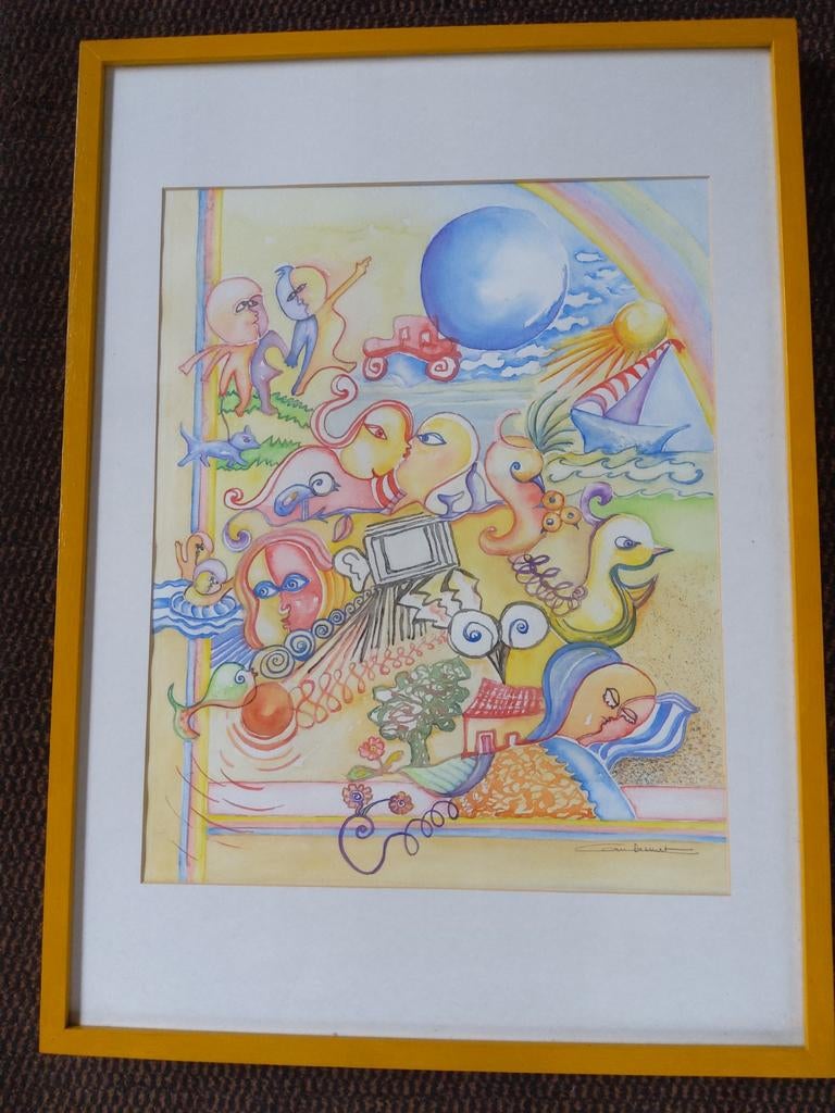 Origineel aquarel " Relax". Ingelijst 52 x 72 cm., Antiek en Kunst, Kunst | Litho's en Zeefdrukken, Ophalen