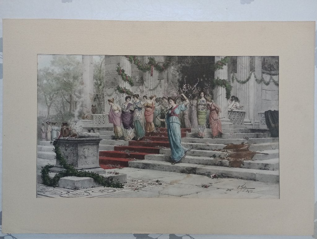 Chromolithografie Ettore Forti Ancient Rome 88x60cm, Antiek en Kunst, Ophalen of Verzenden, Dagelijks leven, Met passe-partout