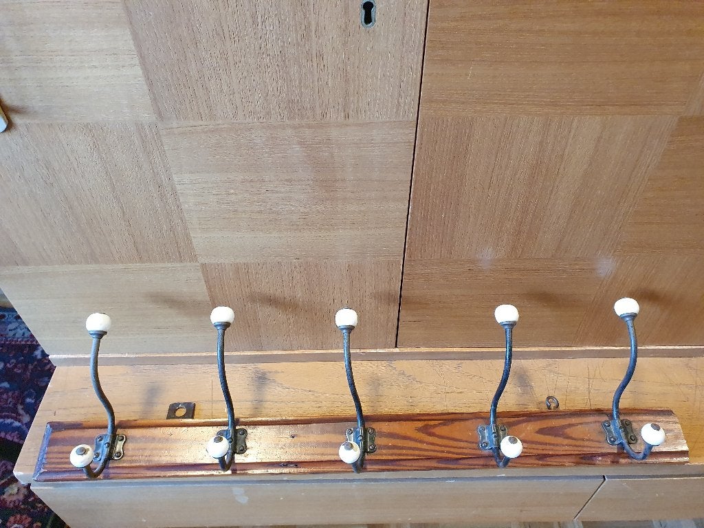 Antieke/Vintage kapstok met porseleinen knoppen, Ophalen, Gebruikt, Hout, Wandkapstok