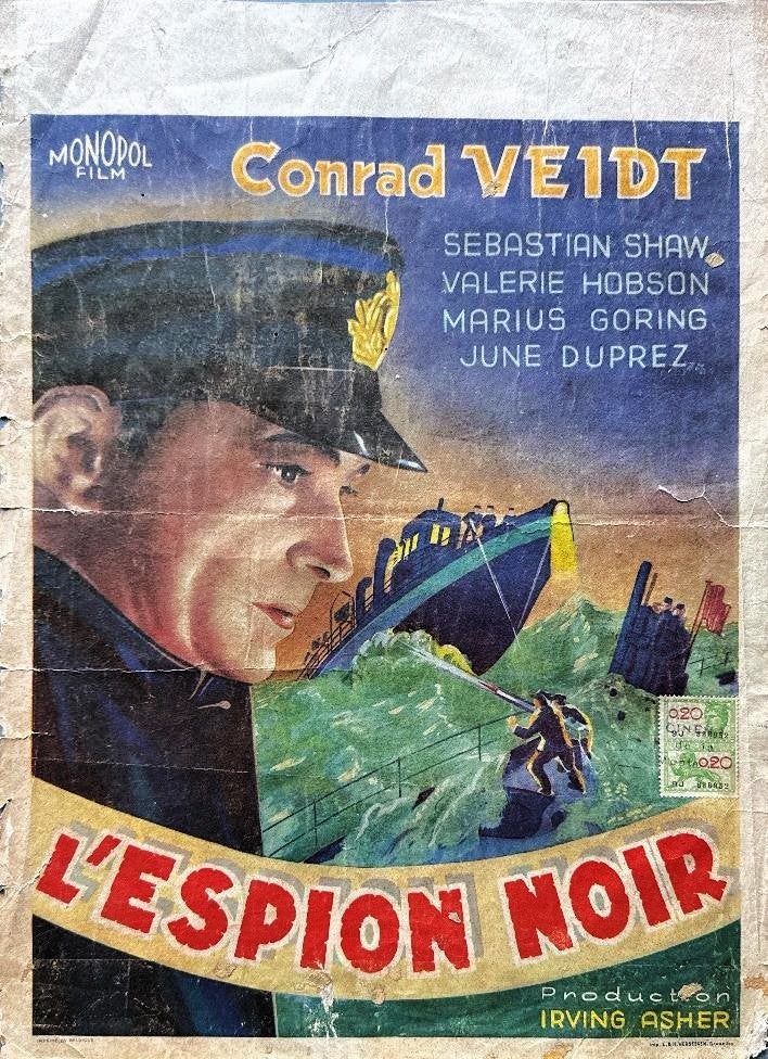 Affiche originale Belge "The Spy in Black" 1945., Enlèvement ou Envoi, Rectangulaire vertical, A1 jusqu'à A3, Utilisé