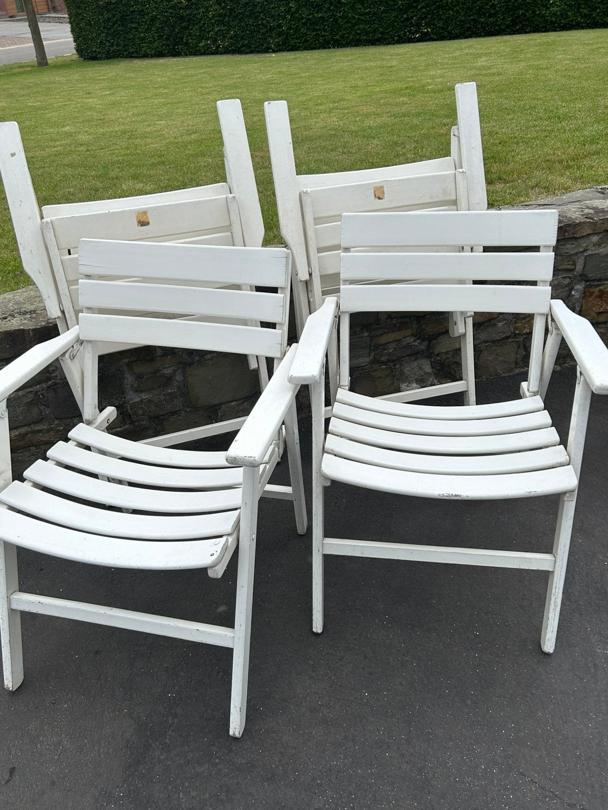 4 witte tuinstoelen, Tuin en Terras, Ophalen, Gebruikt, Hout, Inklapbaar
