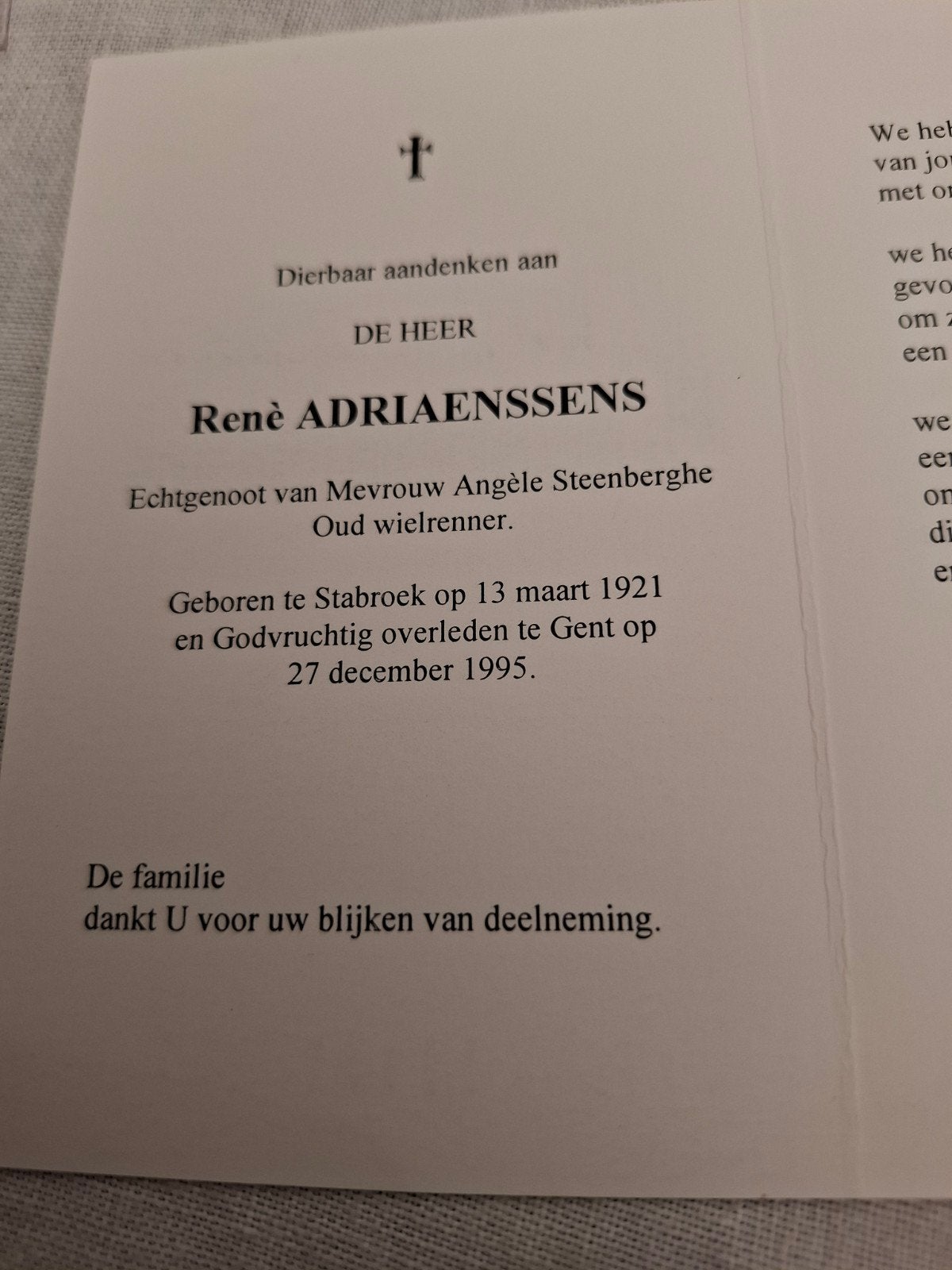 oud wielrenner bidprentje, Verzamelen, Ophalen of Verzenden, Bidprentje