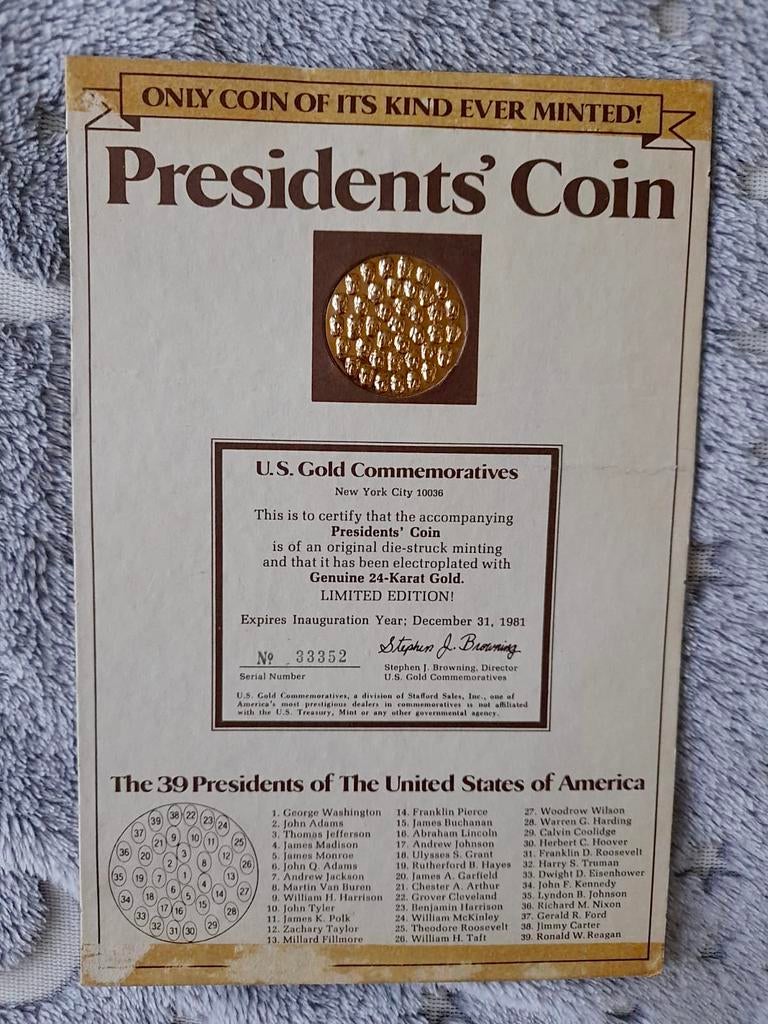 Presidents Coin — Lim.editie 24 karaats goud pl.+certificaat, Ophalen of Verzenden, Goud