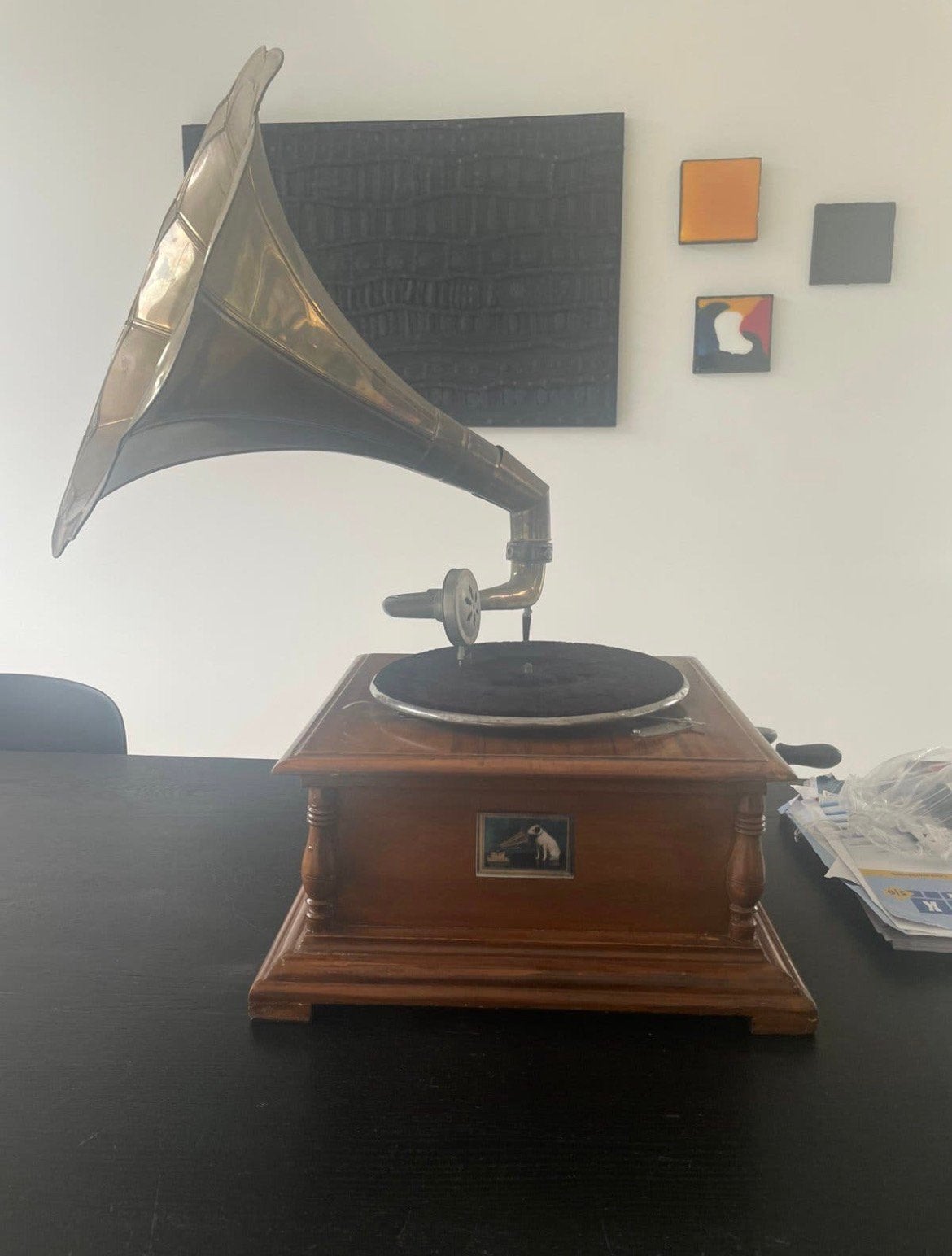 Werkende vintage grammofoon met grote hoorn, Autres marques, Réglage pitch, Tourne-disque, Comme neuf