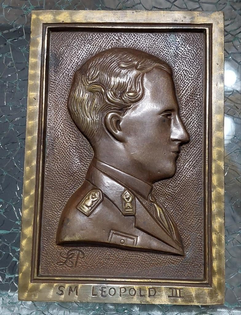 Plaque en bronze SM Léopold 3, Antiquités & Art, Enlèvement ou Envoi, Bronze