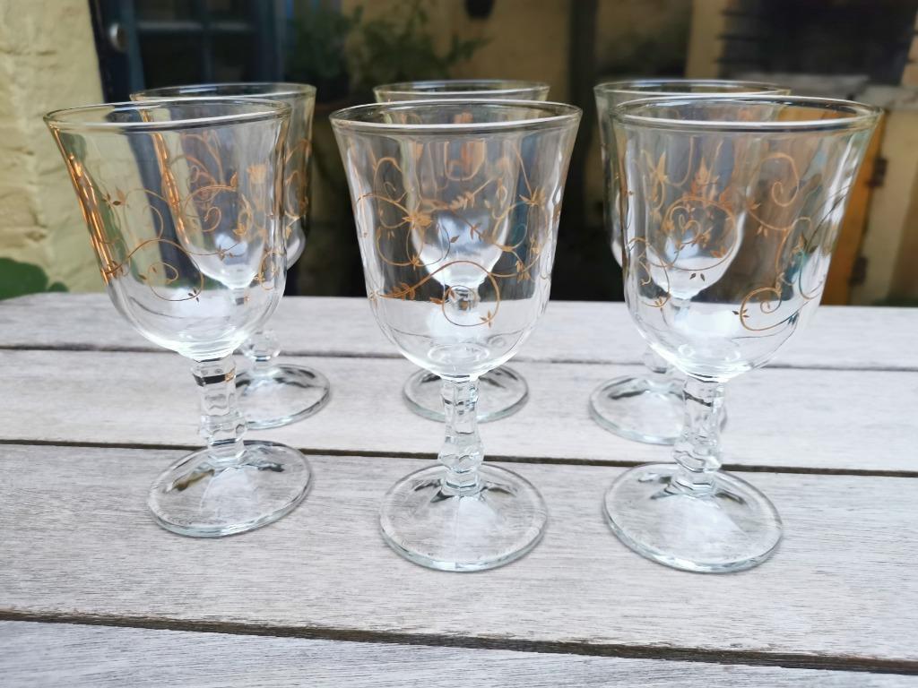 Wijnglazen witte wijn set goudkleurig lijntje vintage retro, Ophalen of Verzenden