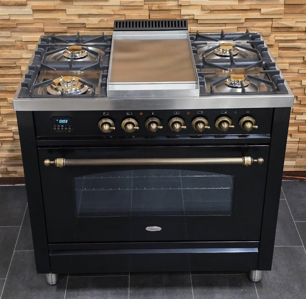 🔥Poêle Boretti de luxe 90 cm noir brillant + vieux cuivre, Gaz, Classe énergétique A ou plus économe, Enlèvement ou Envoi, Comme neuf