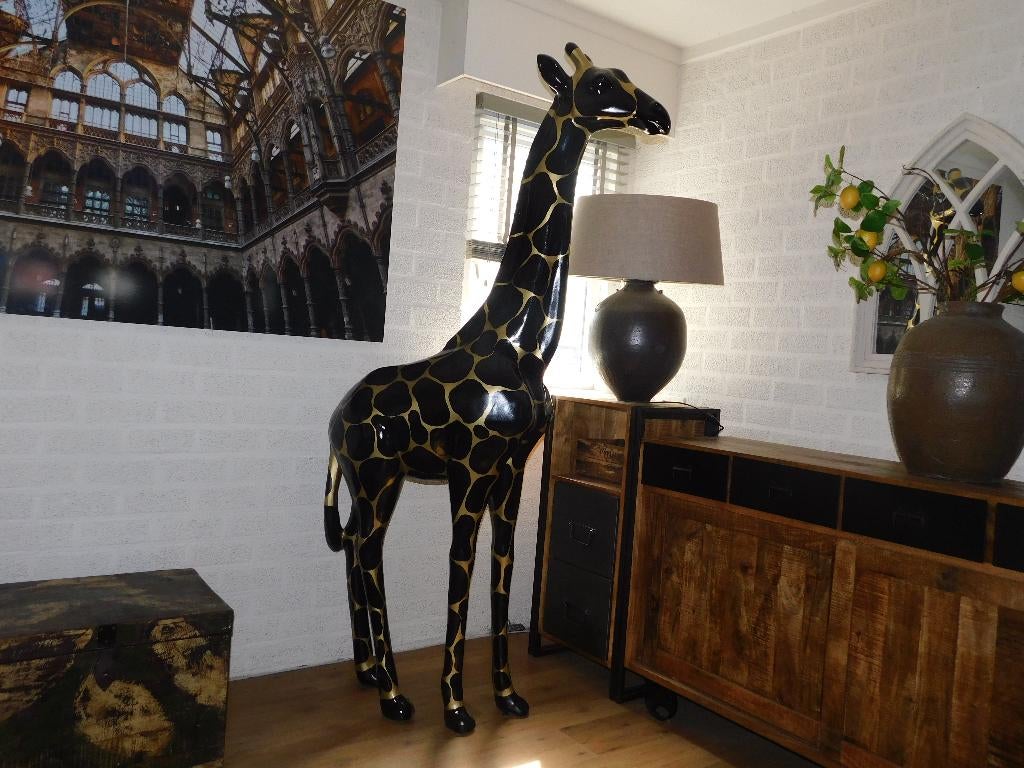 Eenmalig: Giraffe XXL - 210 cm - Zwart/Goud - Polystone, Antiek en Kunst, Ophalen of Verzenden