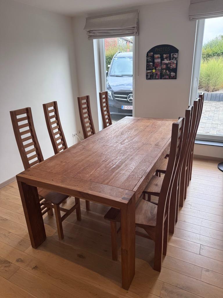 Tafel + 6x stoelen oud massief teakhout (zeer zeldzaam), Ophalen, 100 tot 150 cm, Teakhout, 200 cm of meer