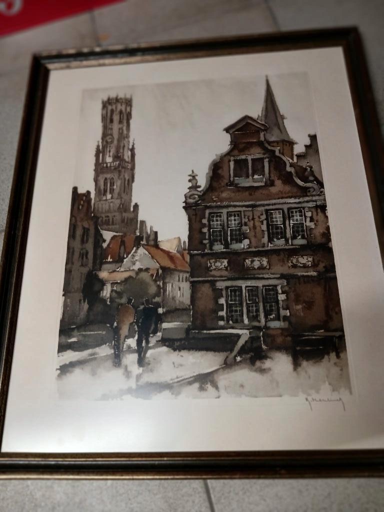 gesigneerde ets van Brugge door Roger hebbelinck, Ophalen of Verzenden