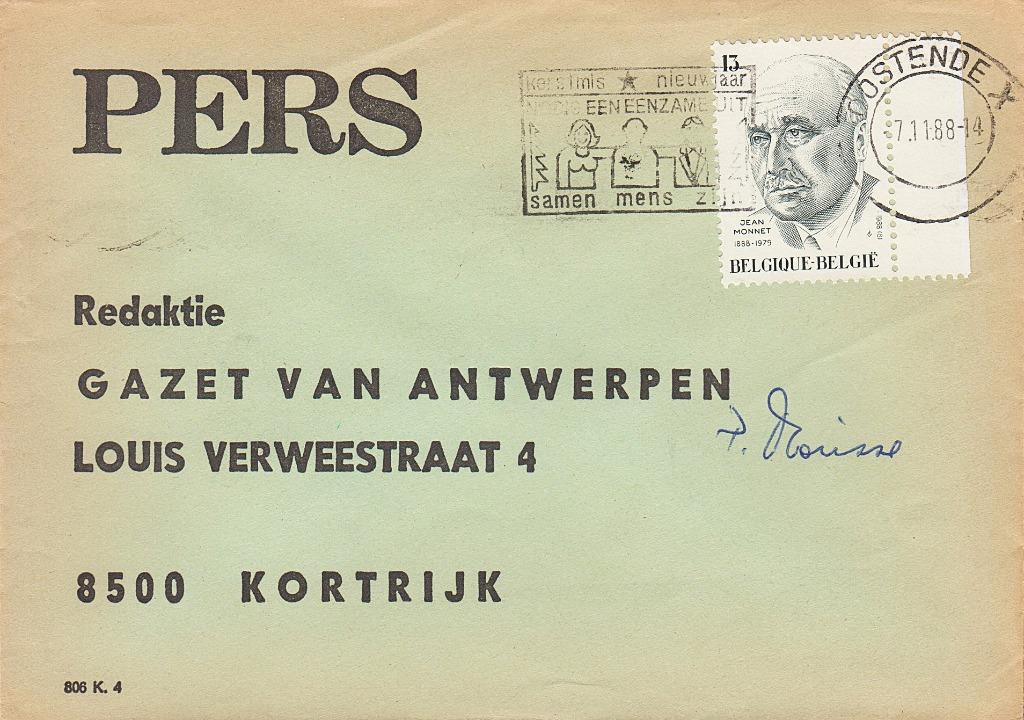 1988 - BELGIË - Cover + Jean Monnet [Y&T 2295], Met envelop, Verzenden, Europa, Frankeerzegel
