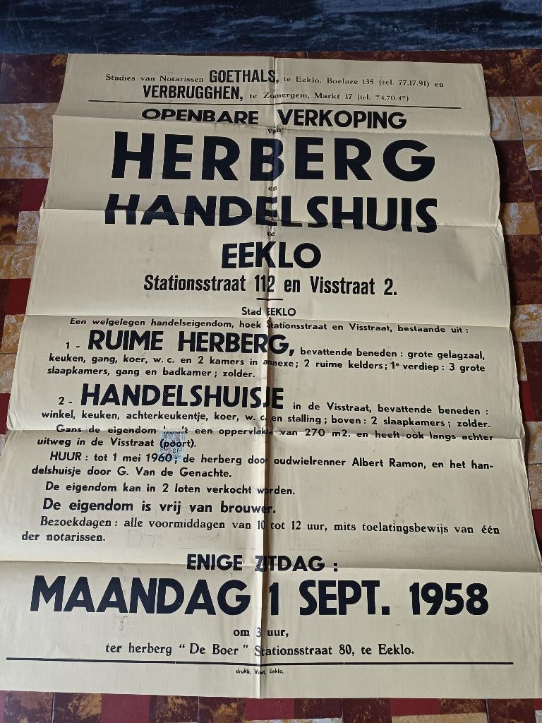 oude verkoopaffiche 1958 Eeklo, Ophalen of Verzenden