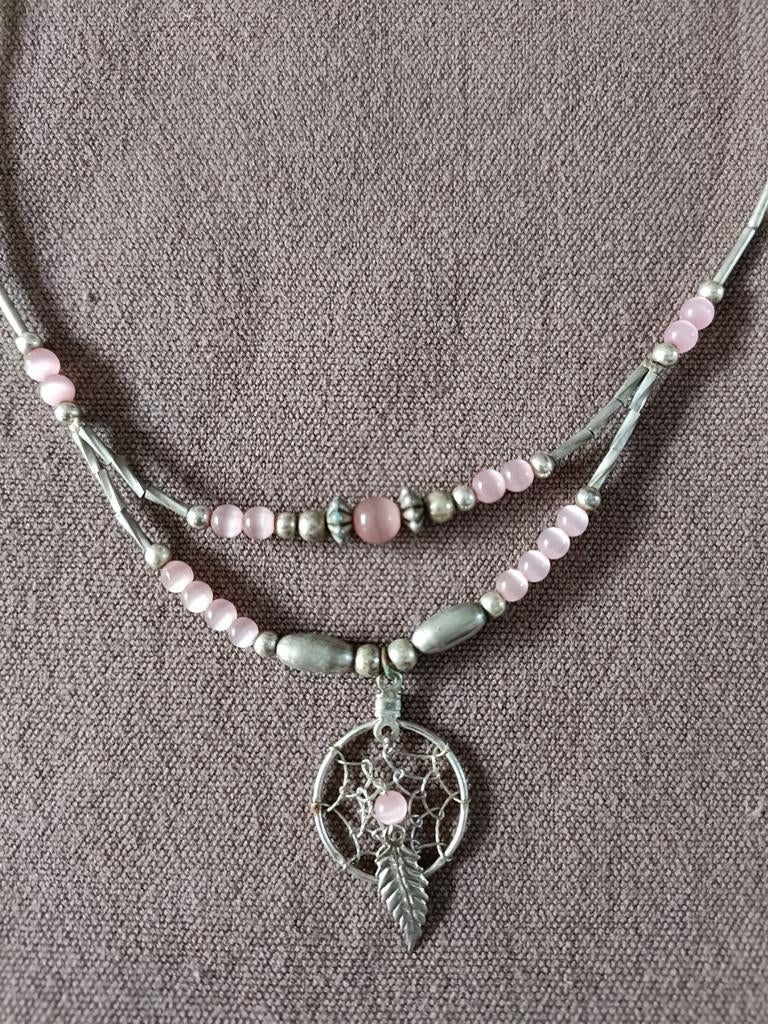 Collier argent liquide avec attrape-rêves, Met hanger, Ophalen of Verzenden, Zo goed als nieuw, Roze