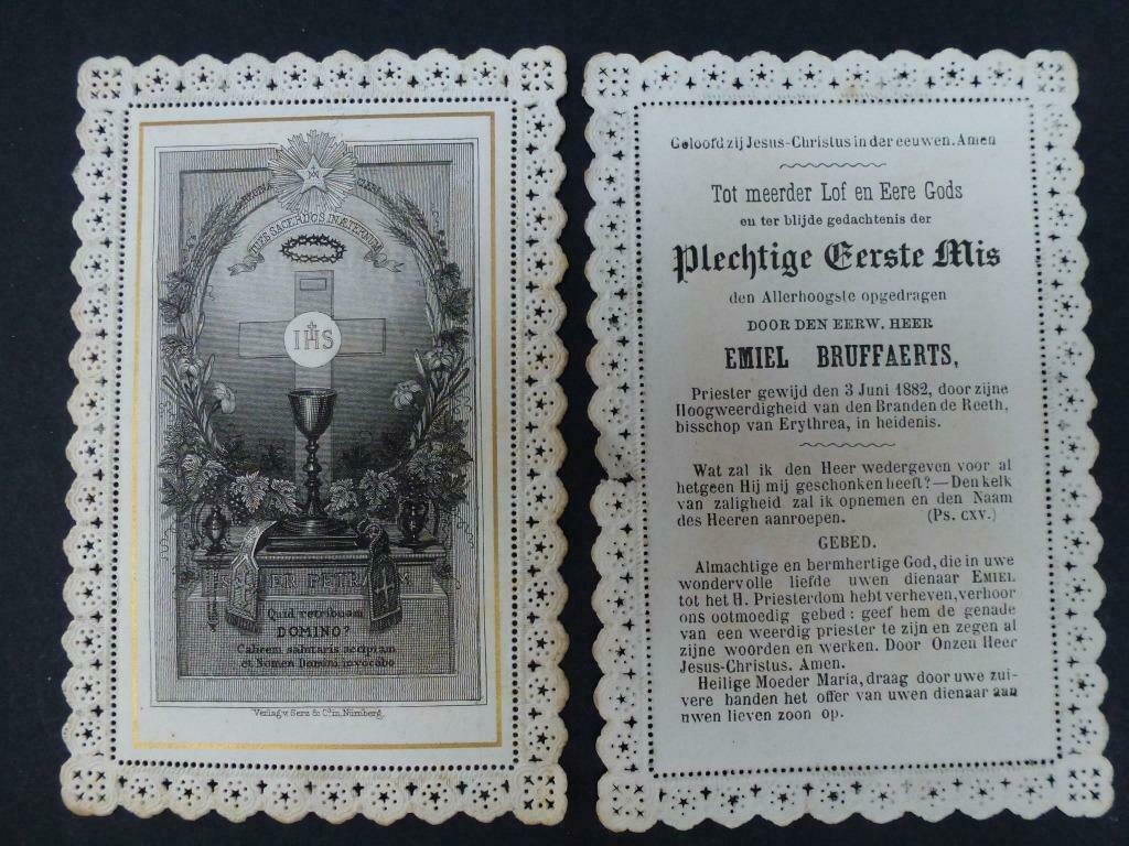 oud bidprentje eerste mis Emiel Bruffaerts 1882, Verzamelen, Bidprentjes en Rouwkaarten, Verzenden, Bidprentje