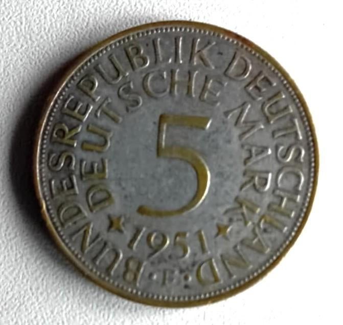Muntstuk 5 Deutsche Mark 1951 (F), Ophalen of Verzenden, Duitsland, Losse munt