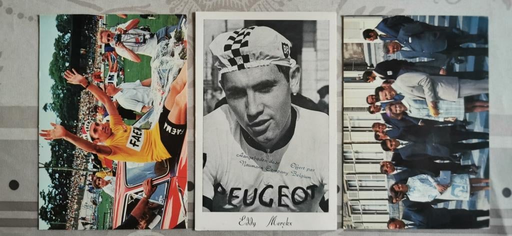 Postkaarten + foto's Merckx, Van Springel en Sercu, Verzamelen, Muziek, Artiesten en Beroemdheden, Zo goed als nieuw, Foto of Kaart