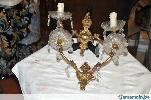 paire d'appliques en laiton avec pampilles double feux, Antiquités & Art