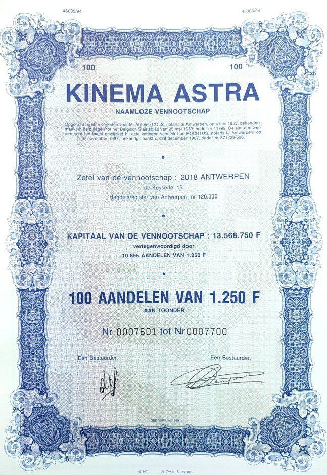 Kinema Astra (Antwerpen) 1987-89, Ophalen of Verzenden, 1970 tot heden, Certificaat van aandeel