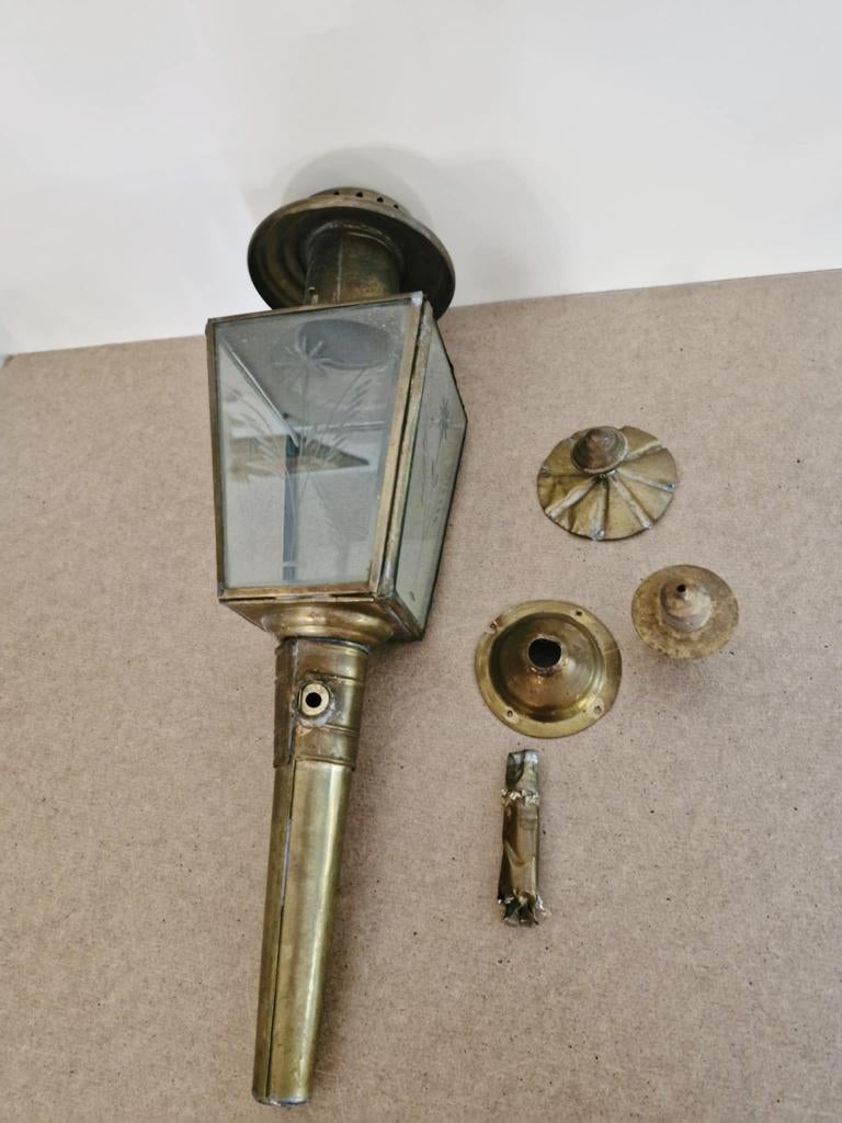 Oude koetslamp,gegraveerd glas, messing, Ophalen of Verzenden, Koper